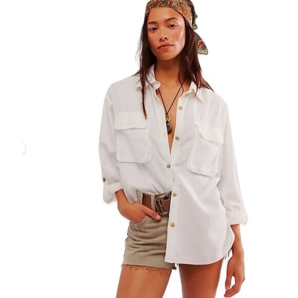 We The Free Free People White Linen Cotton Oversized Button Down Shirt M Boho - Picture 1 of 14